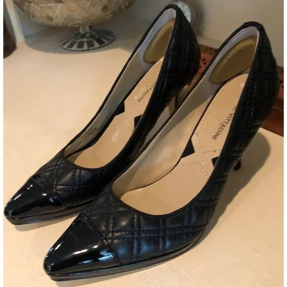 Women's Adrienne Vittadini Shoes Jantine Black Quilted Leather Heels Size 6M - Picture 1 of 12